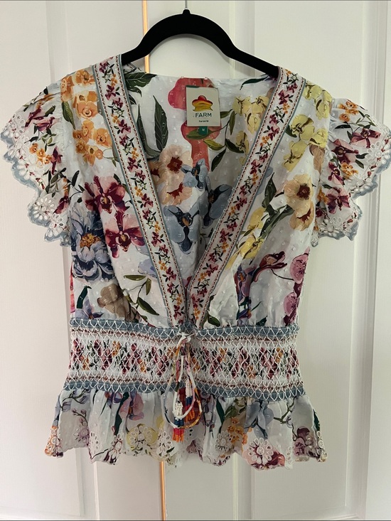 FARM Rio Tops - FARM Rio Multi Floral V-Neck Smocked Peplum Blouse